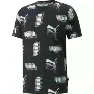 PUMA Power AOP Tee Mens Short Sleeve All Over Logo Print Black White L